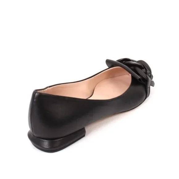 Fucsia 1000 Black Leather Buckle Pointy Flat Shoe - Picture 4 of 8